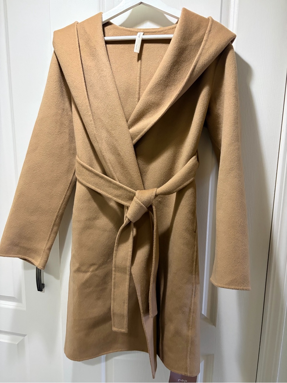 Camel Hooded Double Face Wrap Wool Coat with Belt New with Tag